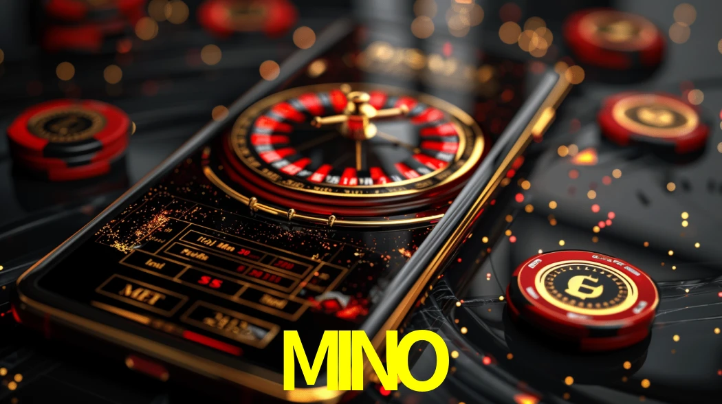 Una escena digital vívida inspirada en casino con MINO mostrado prominentemente, luces brillantes, fichas, cartas y acentos dorados.
