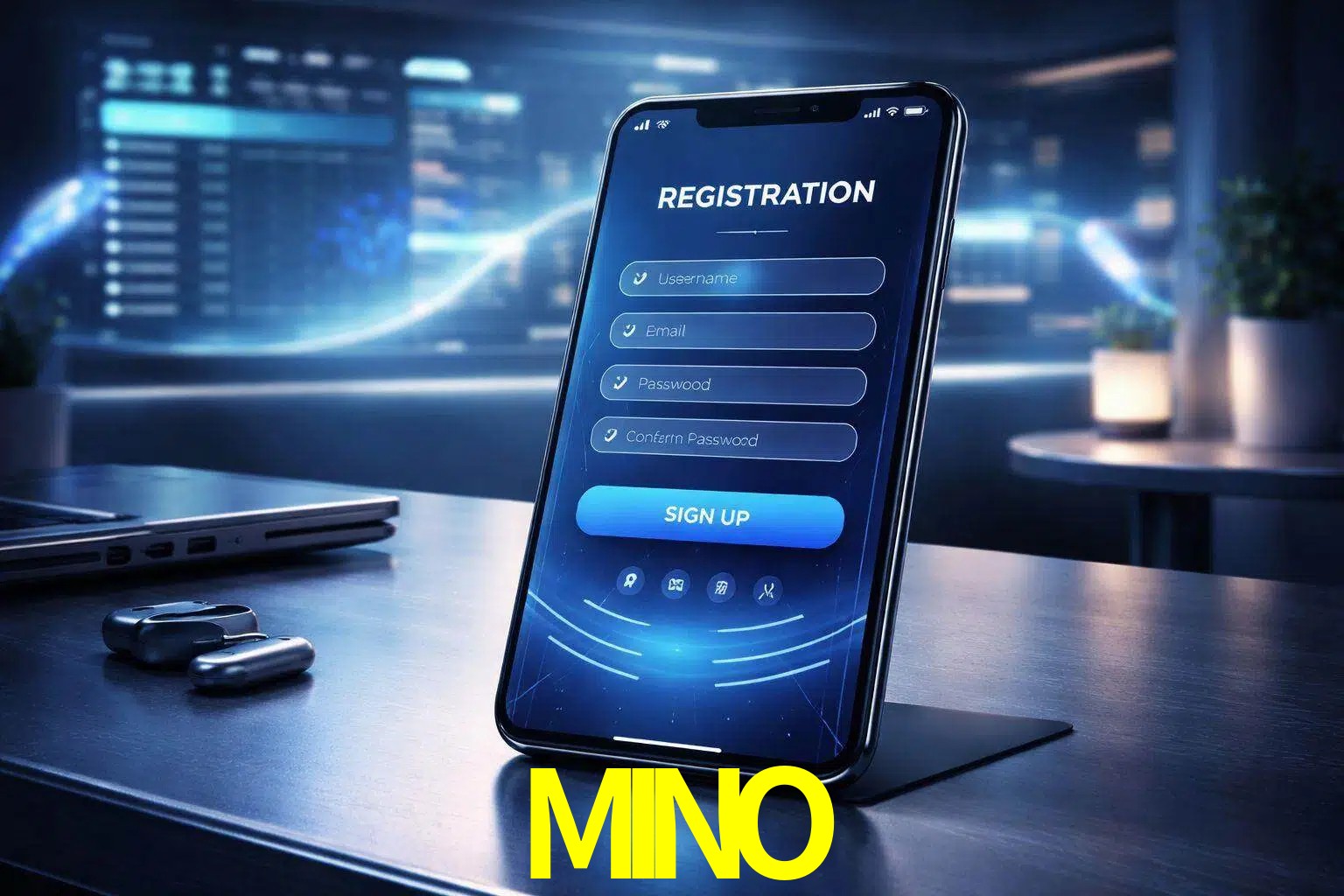 Una interfaz moderna de registro móvil para MINO mostrada en un smartphone con un panel de apuestas elegante.
